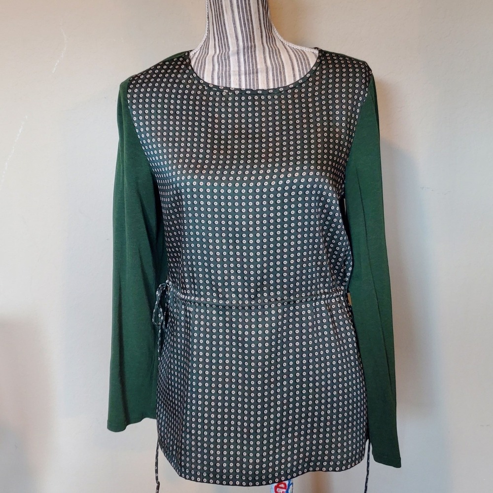 Purificacion Garcia Green Mixed Media Dot Print Drawstring Waist Top Sz M *read*